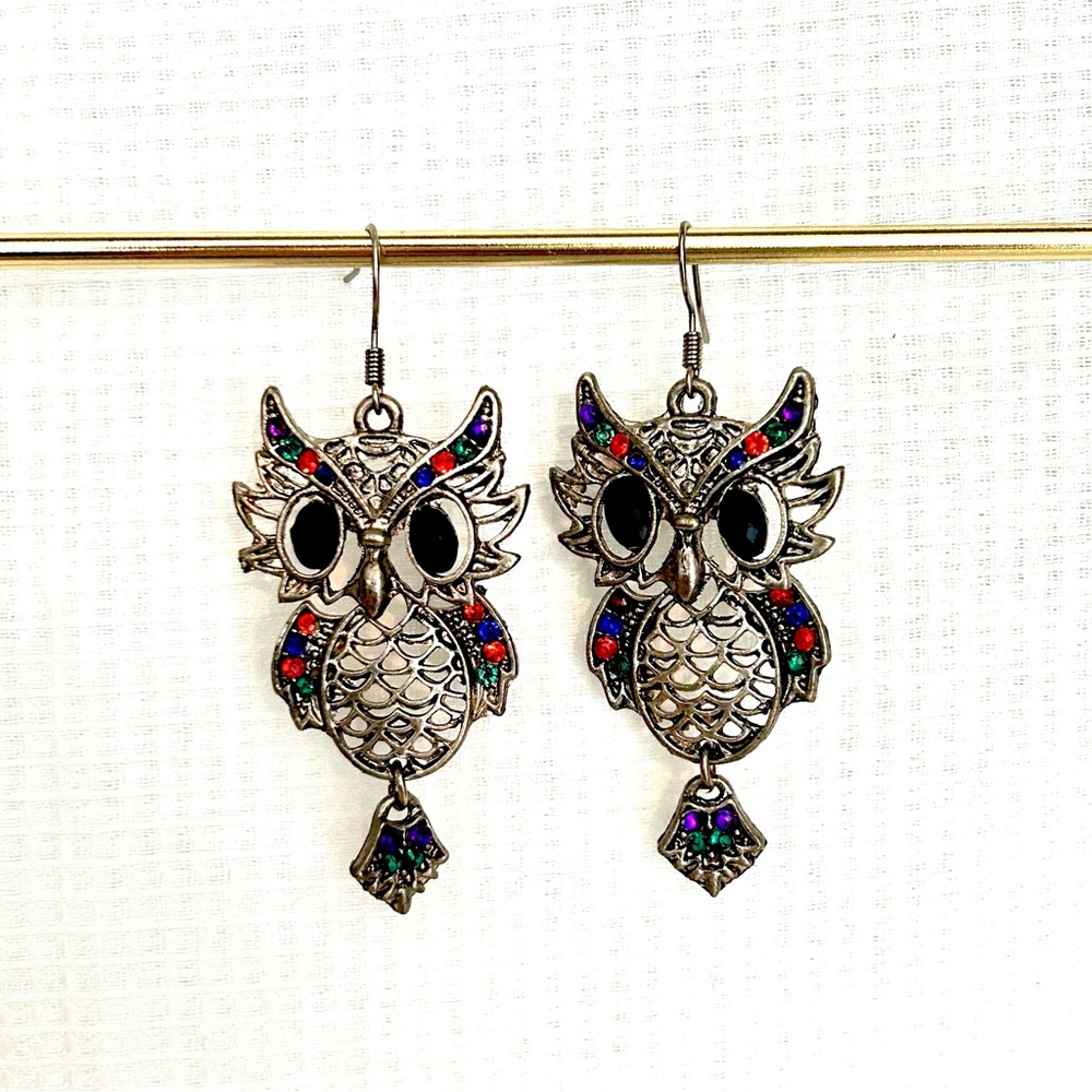 y2k vintage rainbow rhinestone owl earrings✨